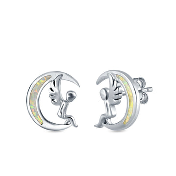 Moon & Angel Stud Earrings Lab Created White Opal 925 Sterling Silver (10.5mm)